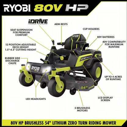 80V HP Brushless 54 In. Battery Electric Cordless Zero Turn Riding Mower (3) 80V Batteries (4) 40V Batteries and Charger
